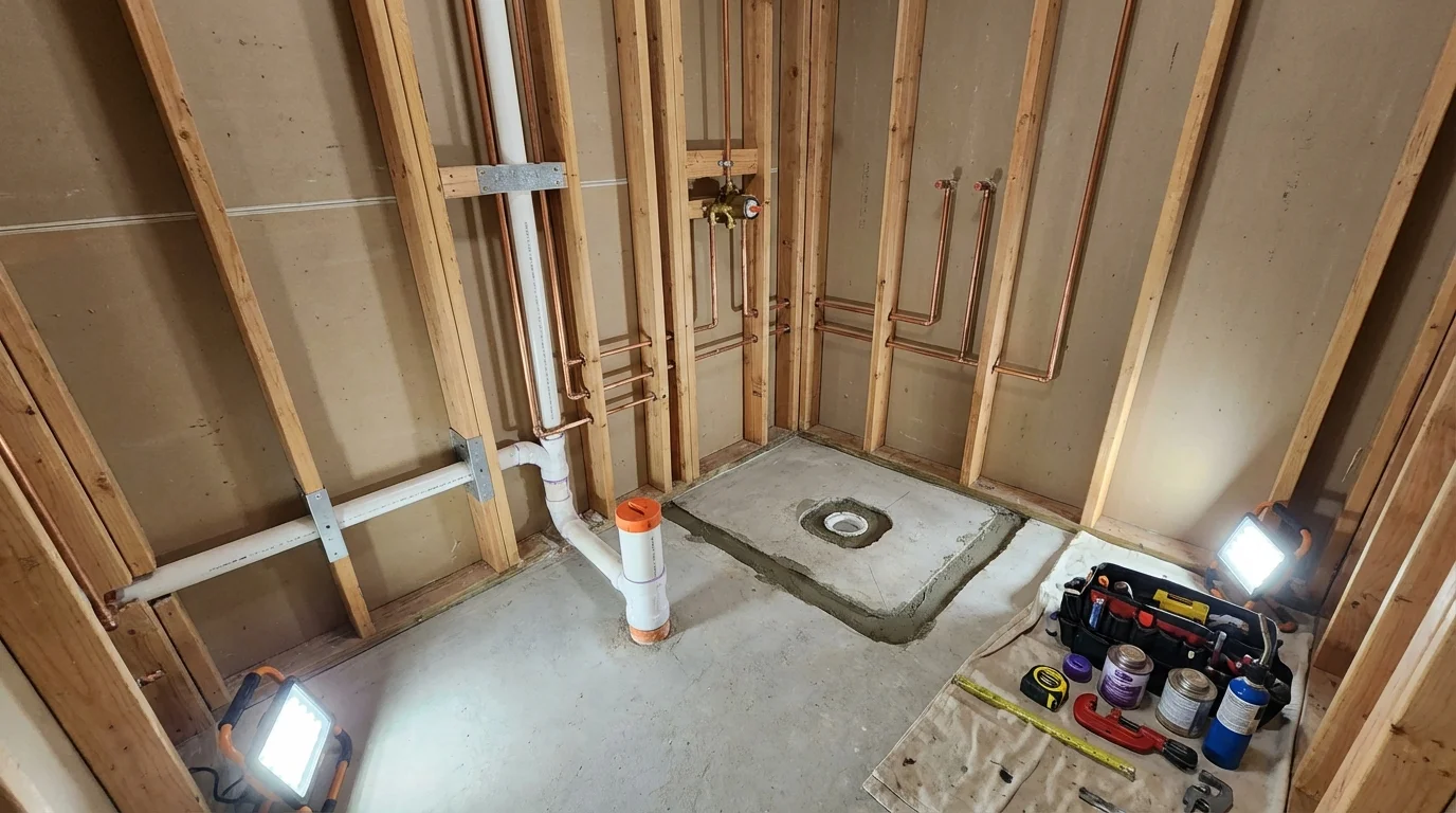 Bathroom rough-in plumbing during remodel by Johns Plumbing LLC in Cedarhurst