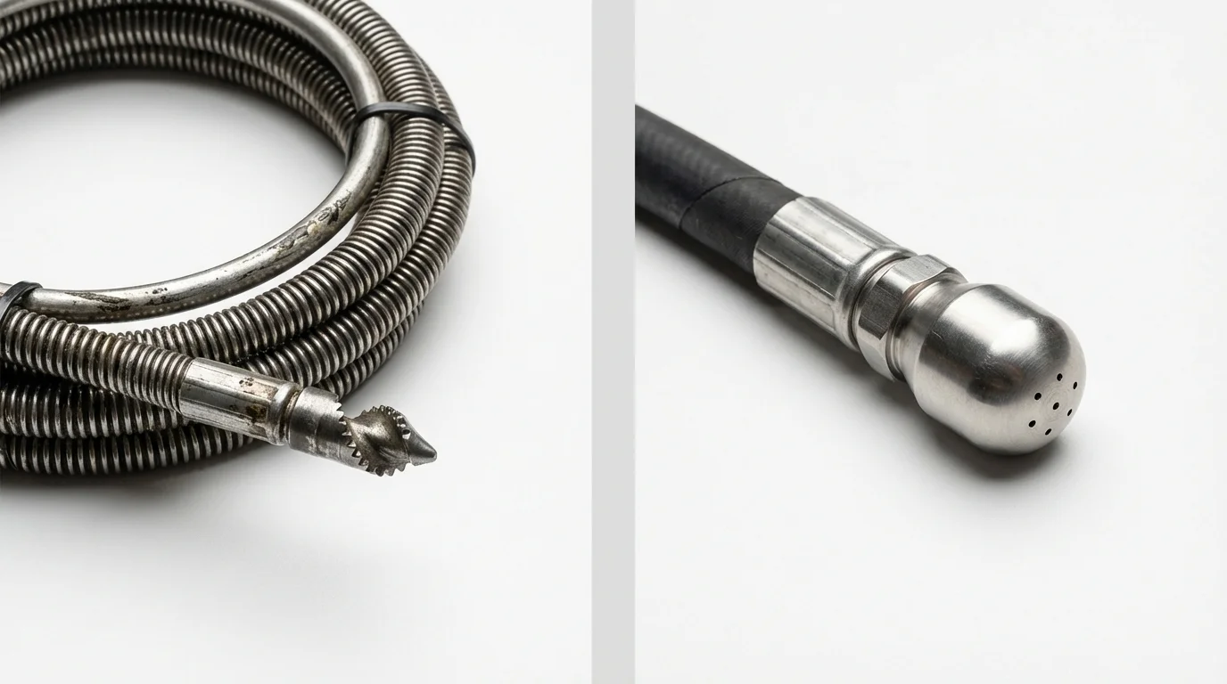 Drain snake cable and hydro jetting nozzle used for drain cleaning in Cedarhurst, NY